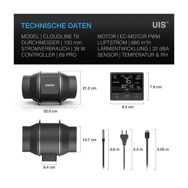 AC Infinity CLOUDLINE PRO T6, leises Inline-Lüftersystem mit Temperatur- und Feuchtigkeitssteuerung, 150 mm