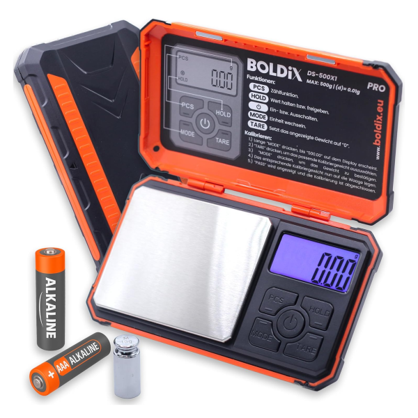Boldix  DS-500X1 Digitale Feinwaage 0,01g/500g (Taschenwaage mit Prüfgewicht)